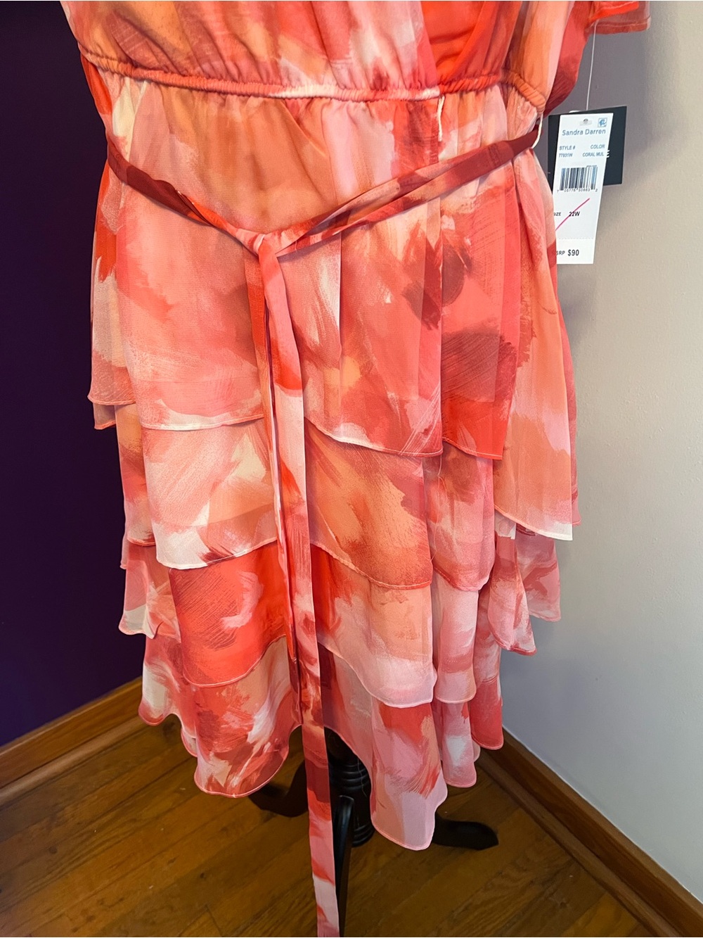 Sandra Darren Plus Size Coral-Pink Tiered Faux Wrap Midi Dress NWT - Picture 4 of 10